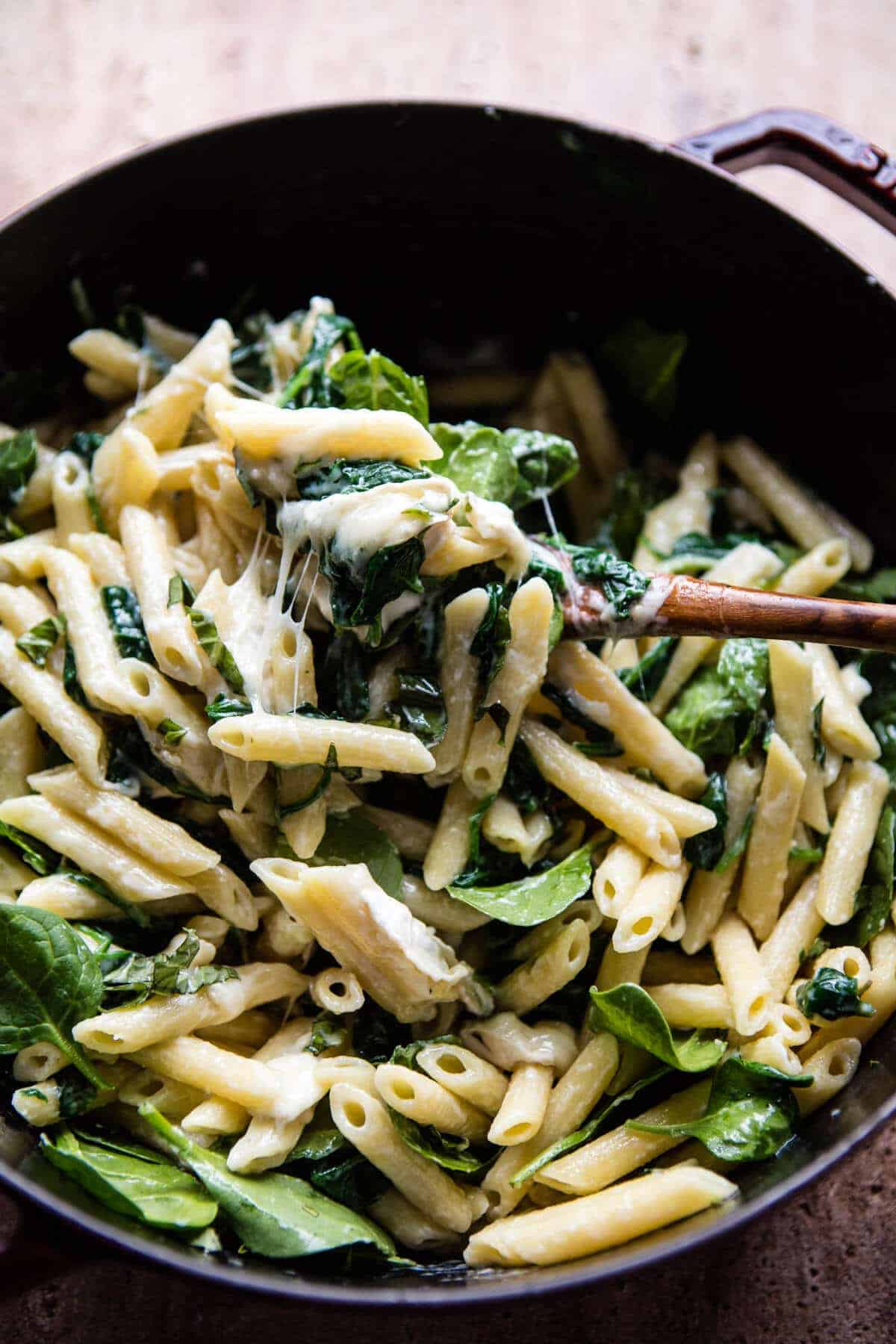 Lemony Spinach and Artichoke Brie Penne Pasta | halfbakedharvest.com @hbharvest