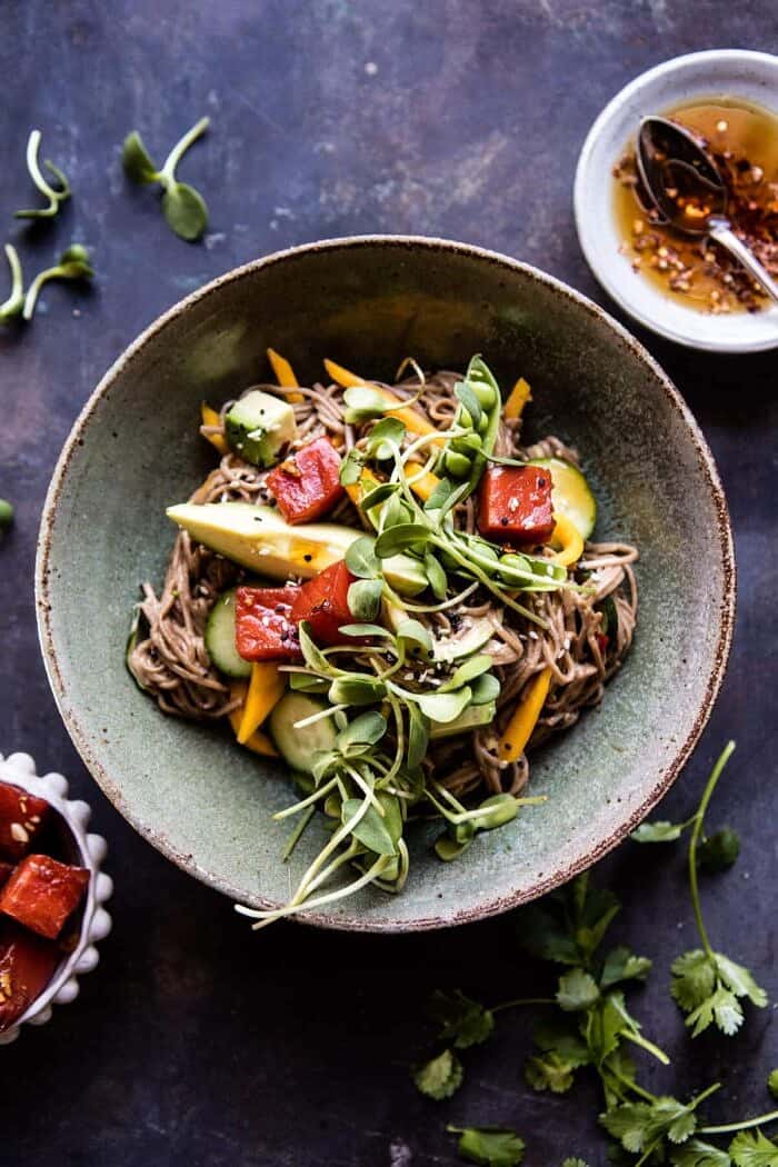 Mango Avocado Soba Noodles with Sesame Salmon Poke | halfbakedharvest.com @hbharvest