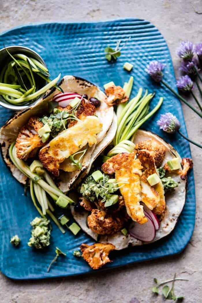 Roasted Cauliflower Fried Halloumi Tacos with Spicy Avocado Basil Salsa | halfbakedharvest.com @hbharvest