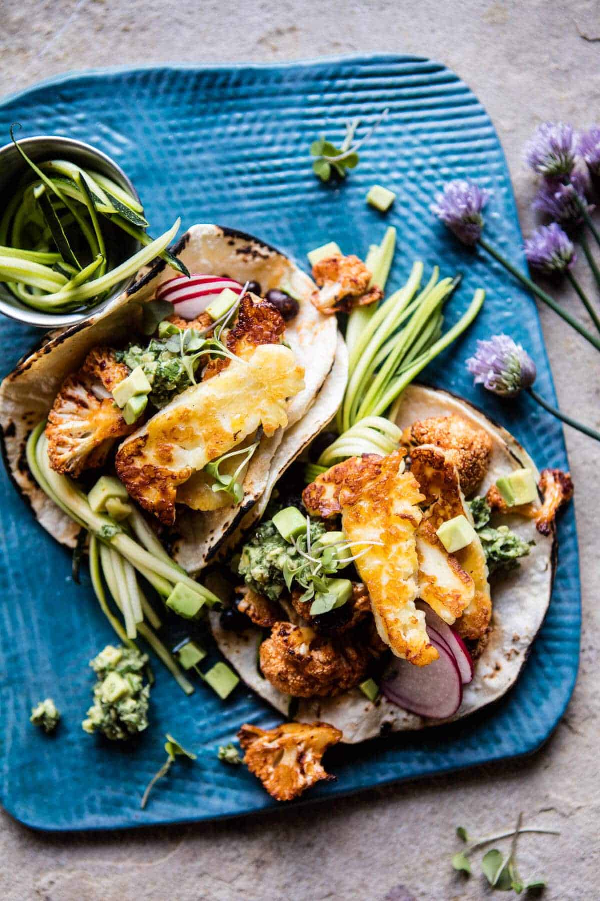 Roasted Cauliflower Fried Halloumi Tacos with Spicy Avocado Basil Salsa | halfbakedharvest.com @hbharvest