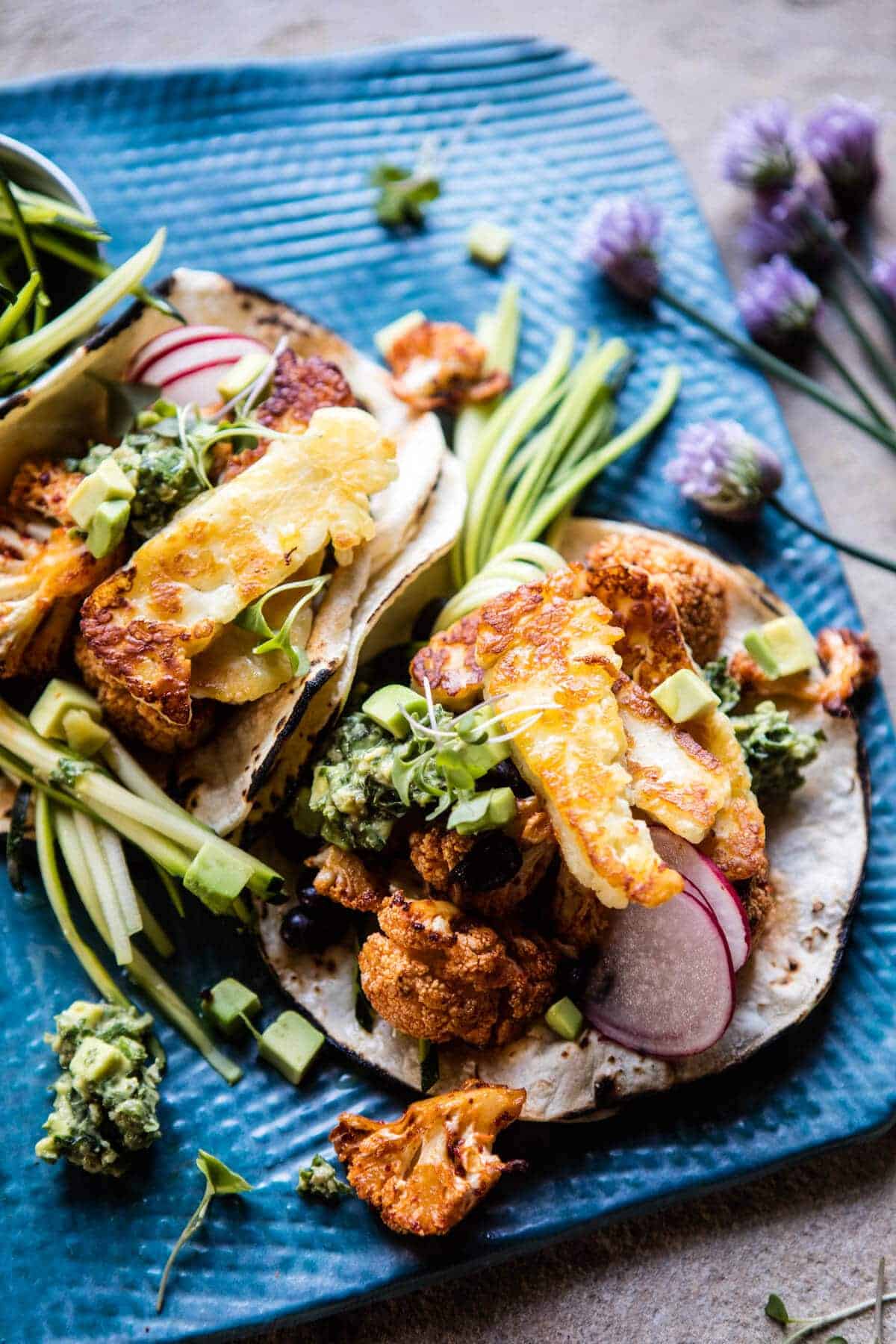 Roasted Cauliflower Fried Halloumi Tacos with Spicy Avocado Basil Salsa | halfbakedharvest.com @hbharvest