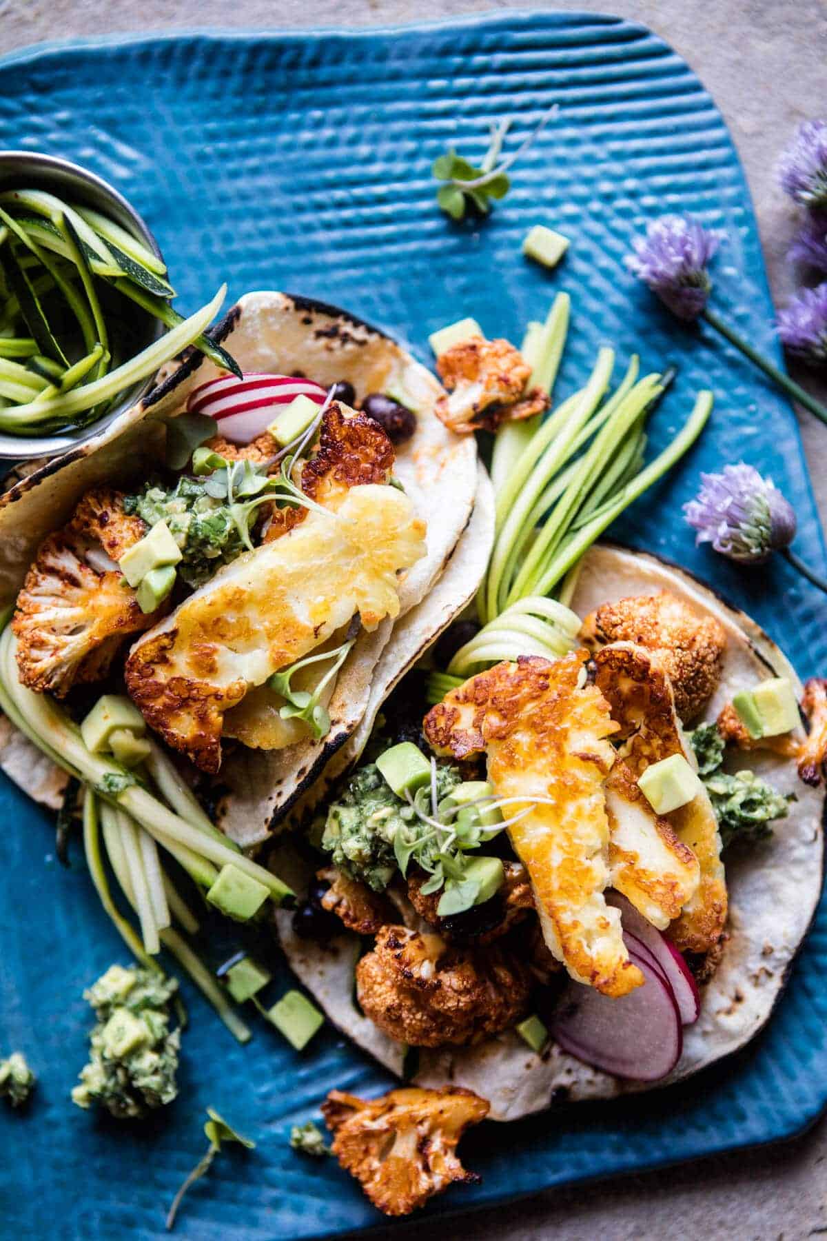 Roasted Cauliflower Fried Halloumi Tacos with Spicy Avocado Basil Salsa | halfbakedharvest.com @hbharvest