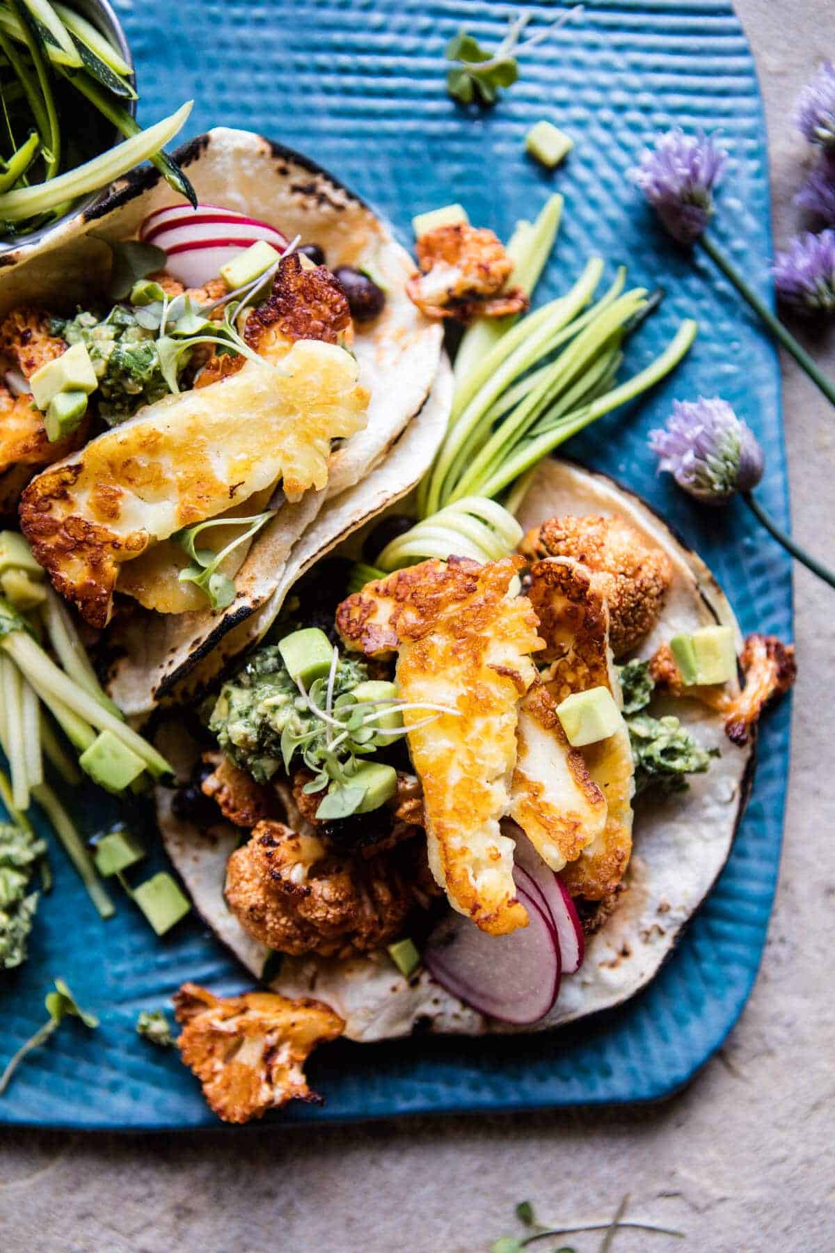 Roasted Cauliflower Fried Halloumi Tacos with Spicy Avocado Basil Salsa | halfbakedharvest.com @hbharvest