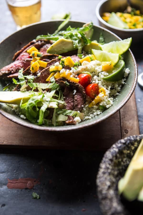 Cauliflower Rice Carne Asada Bowls with Mango Salsa | halfbakedharvest.com @hbharvest