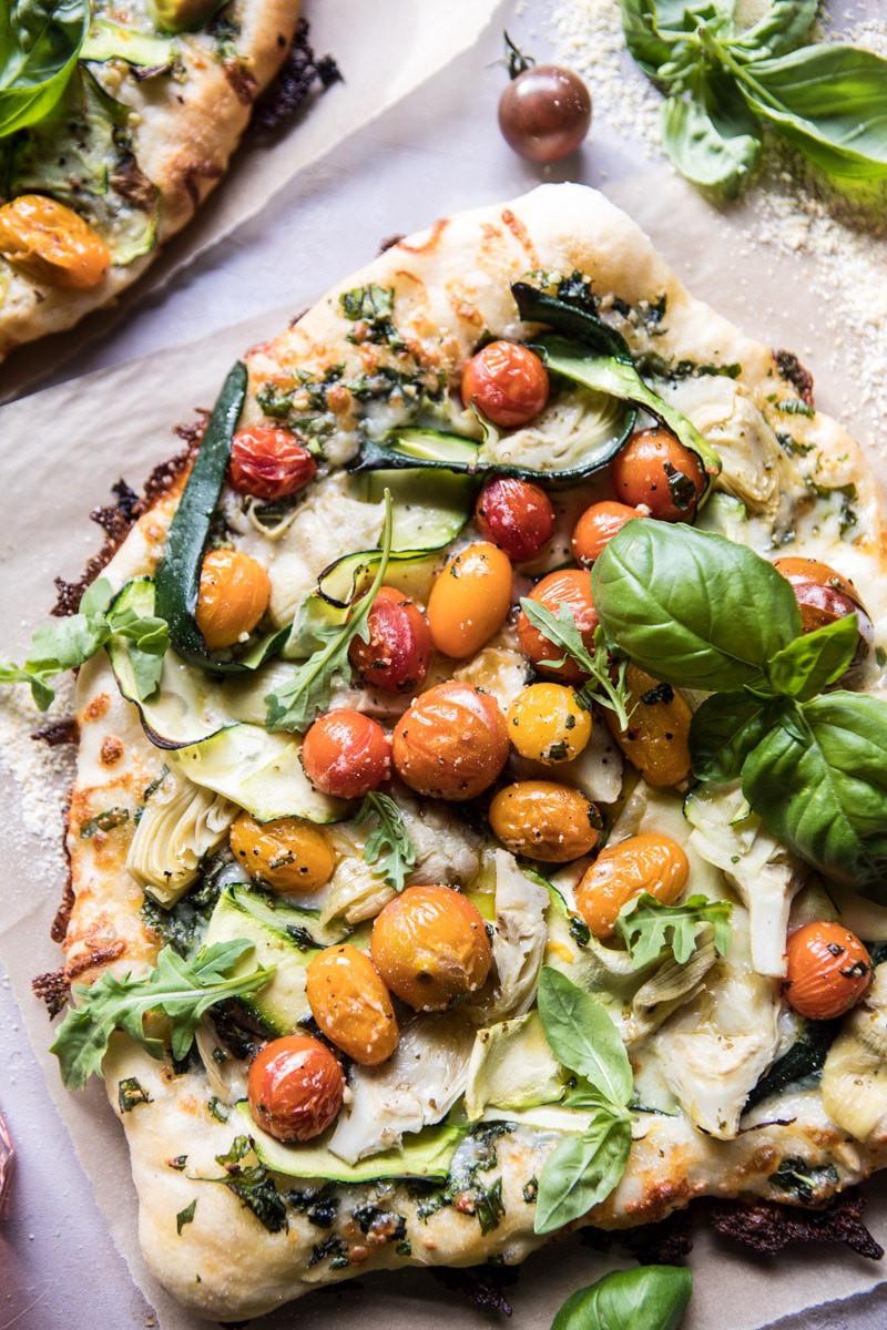 Burst Cherry Tomato, Artichoke, and Zucchini Pesto Pizza | halfbakedharvest.com @hbharvest