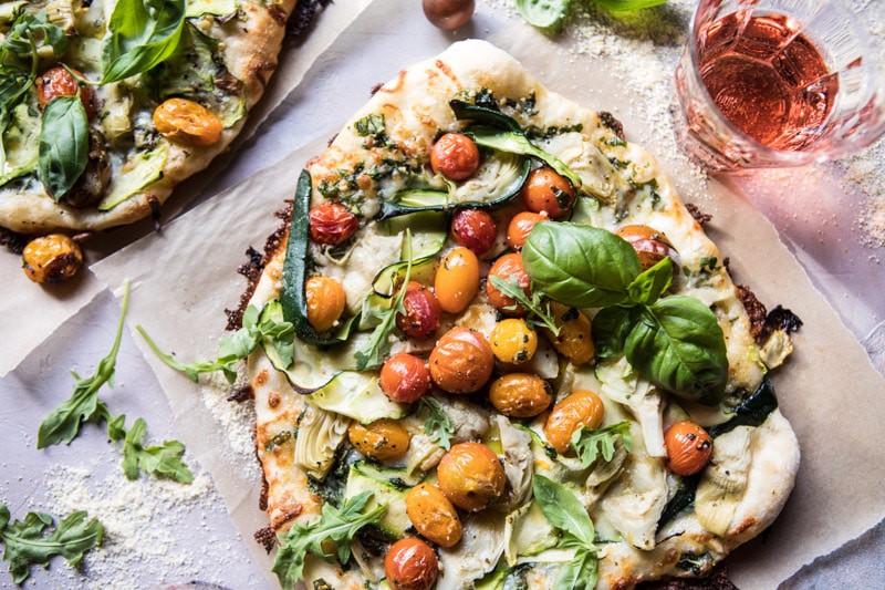 Burst Cherry Tomato, Artichoke, and Zucchini Pesto Pizza | halfbakedharvest.com @hbharvest