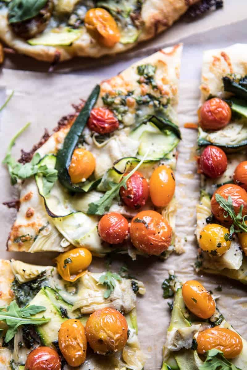 Burst Cherry Tomato, Artichoke, and Zucchini Pesto Pizza | halfbakedharvest.com @hbharvest