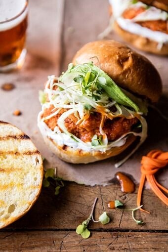 Healthier Oven Fried Sweet Tea Buffalo Chicken Sandwich | halfbakedharvest.com @hbharvest