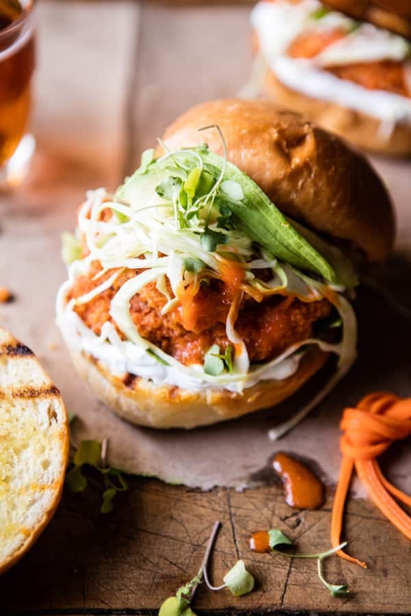 Healthier Oven Fried Sweet Tea Buffalo Chicken Sandwich | halfbakedharvest.com @hbharvest