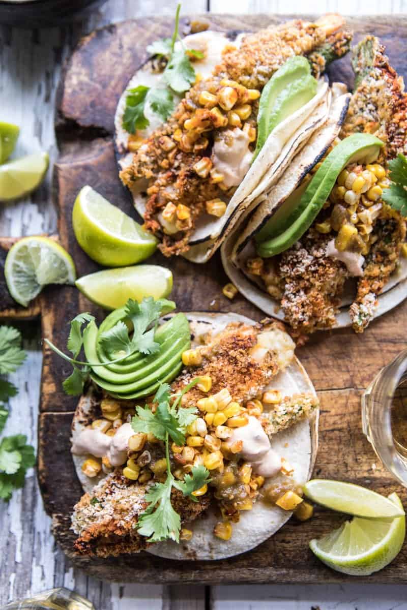 Cheesy Zucchini Roasted Corn Tacos With Mango Salsa Verde | halfbakedharvest.com @hbharvest