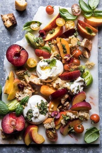 Tuscan Summer Stone Fruit, Tomato, and Burrata Panzanella Salad | halfbakedharvest.com @hbharvest