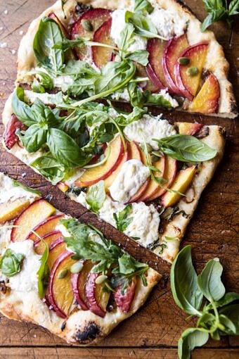 Arugula Peach Ricotta Pizza with Crispy Bacon | halfbakedharvest.com @hbharvest