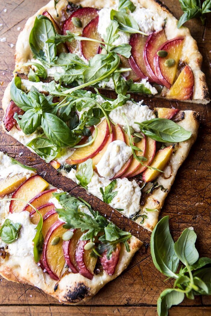 Arugula Peach Ricotta Pizza with Crispy Bacon | halfbakedharvest.com @hbharvest