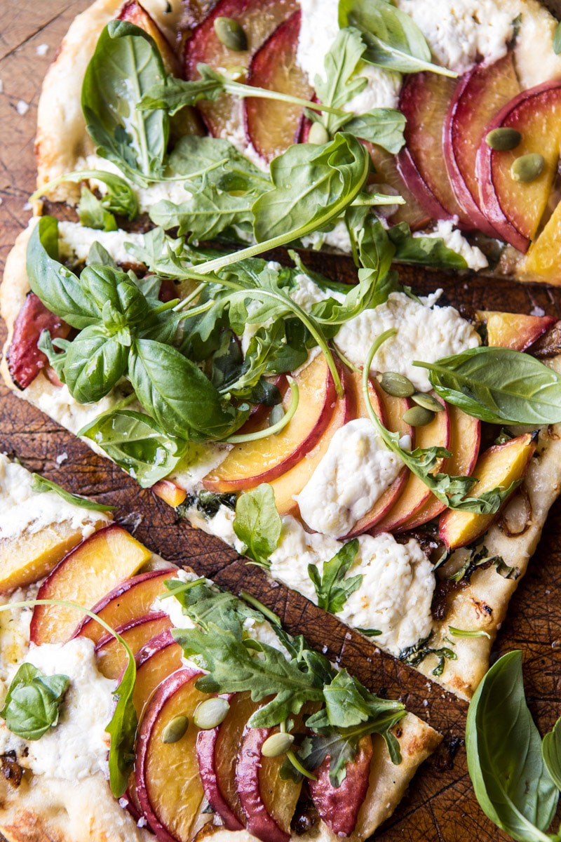 Arugula Peach Ricotta Pizza with Crispy Bacon | halfbakedharvest.com @hbharvest