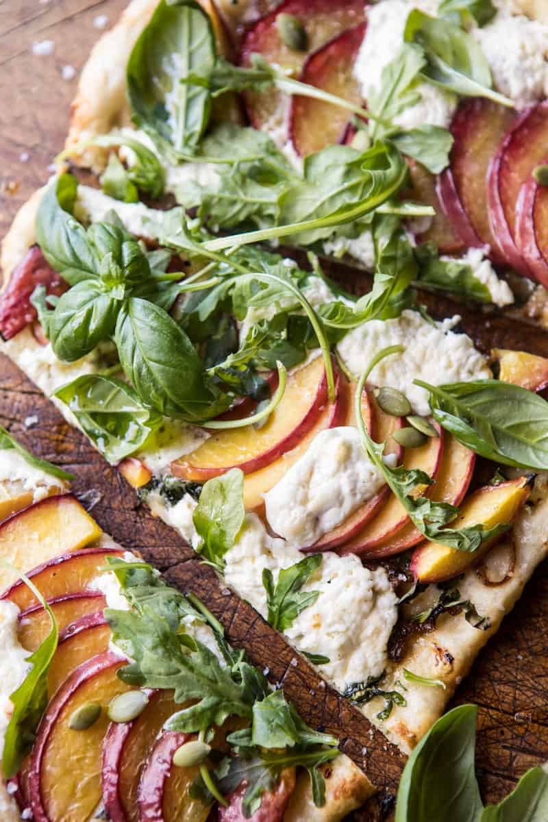Arugula Peach Ricotta Pizza with Crispy Bacon | halfbakedharvest.com @hbharvest