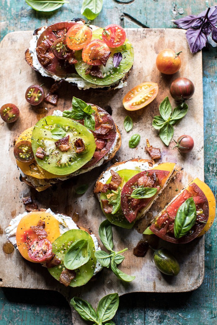 Opened Faced Tomato and Goat Cheese Sandwich with Hot Bacon Vinaigrette | halfbakedharvest.com @hbharvest