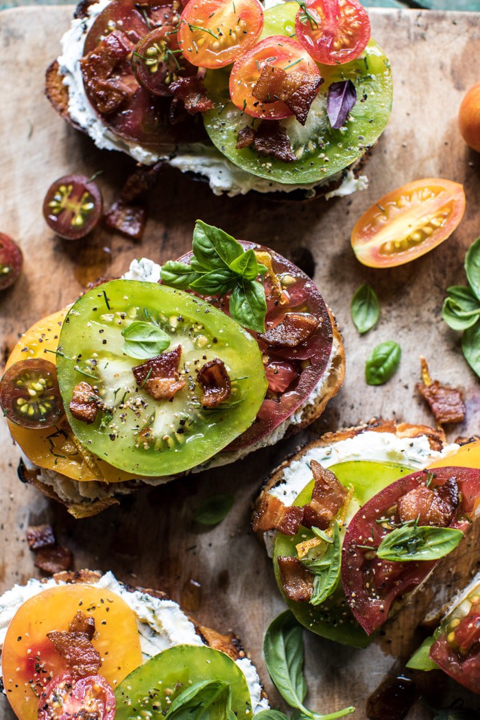 Opened Faced Tomato and Goat Cheese Sandwich with Hot Bacon Vinaigrette | halfbakedharvest.com @hbharvest