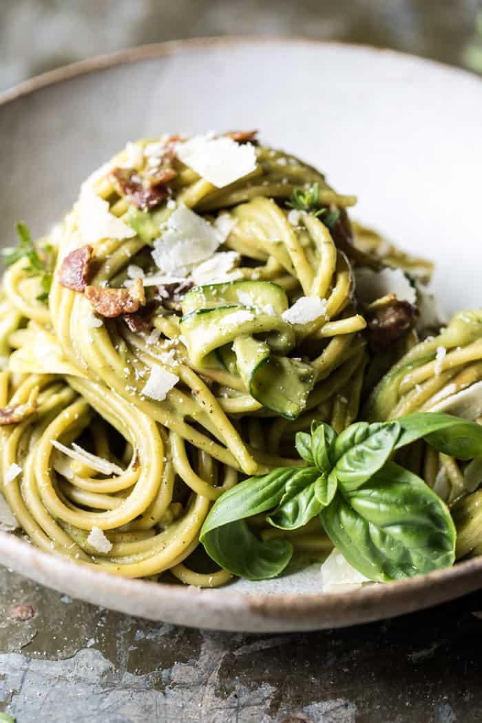 Avocado Zucchini Carbonara Pasta | halfbakedharvest.com @hbharvest