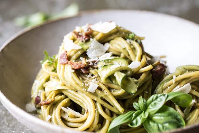 Avocado Zucchini Carbonara Pasta | halfbakedharvest.com @hbharvest