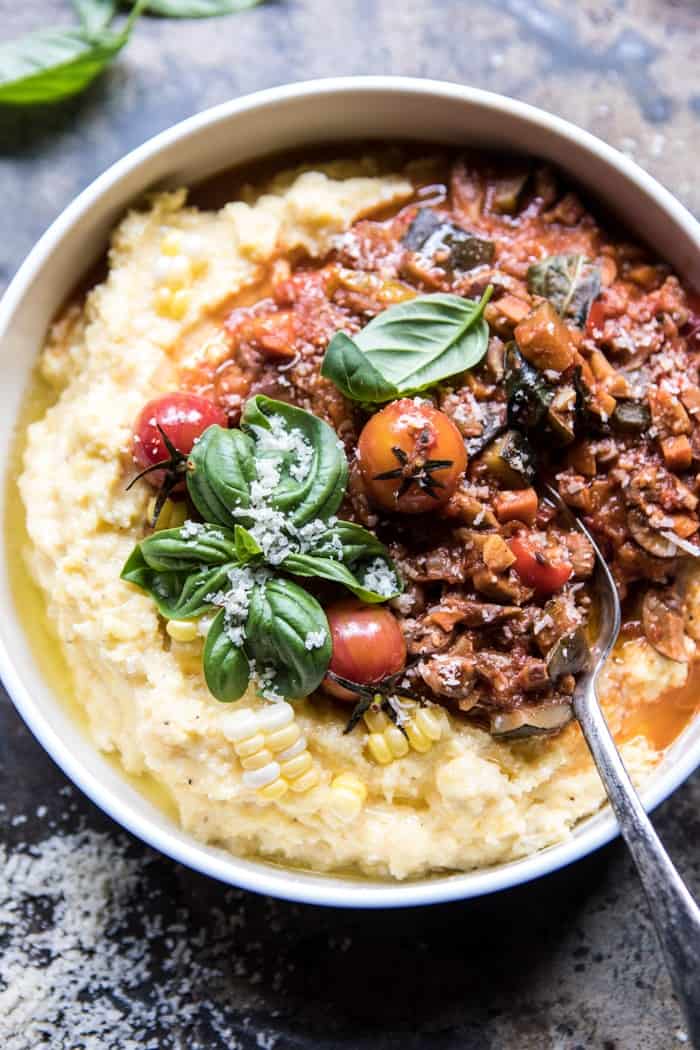 Late Summer Vegetable Bolognese with Creamy Polenta | halfbakedharvest.com @hbharvest