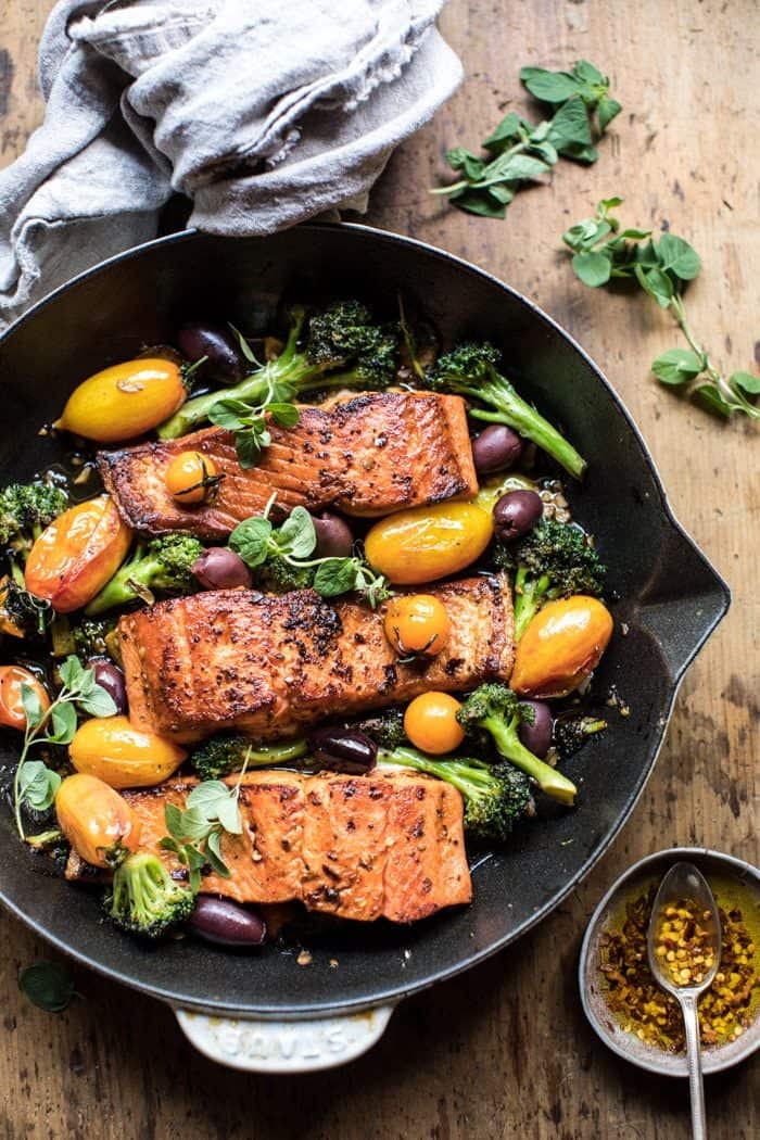 Sicilian Style Salmon with Garlic Broccoli and Tomatoes | halfbakedharvest.com @hbharvest
