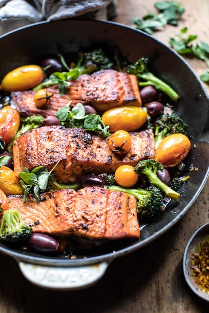 Sicilian Style Salmon with Garlic Broccoli and Tomatoes | halfbakedharvest.com @hbharvest