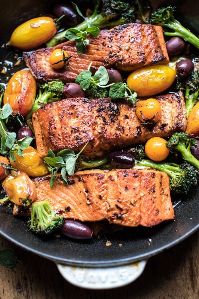 Sicilian Style Salmon with Garlic Broccoli and Tomatoes | halfbakedharvest.com @hbharvest