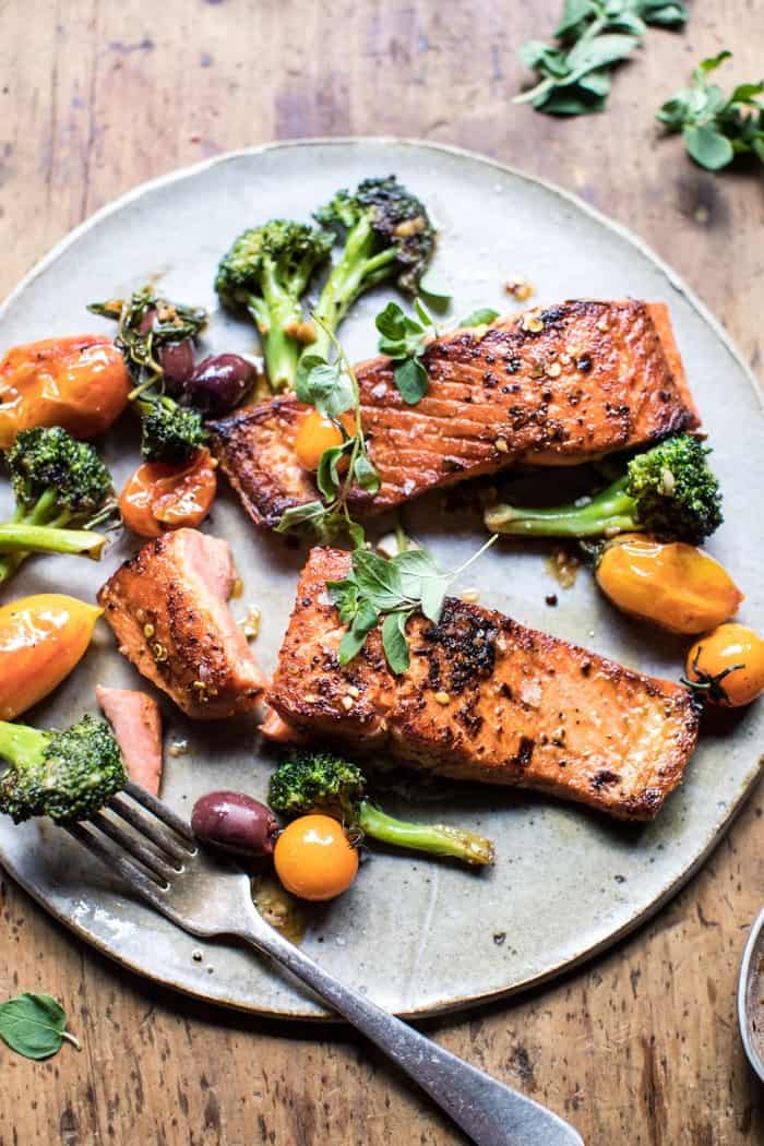 Sicilian Style Salmon with Garlic Broccoli and Tomatoes | halfbakedharvest.com @hbharvest
