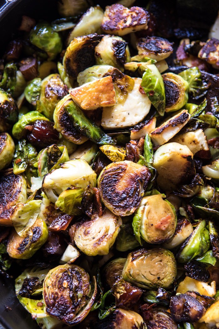 Pan Roasted Brussels Sprouts with Bacon, Dates and Halloumi | halfbakedharvest.com @hbharvest