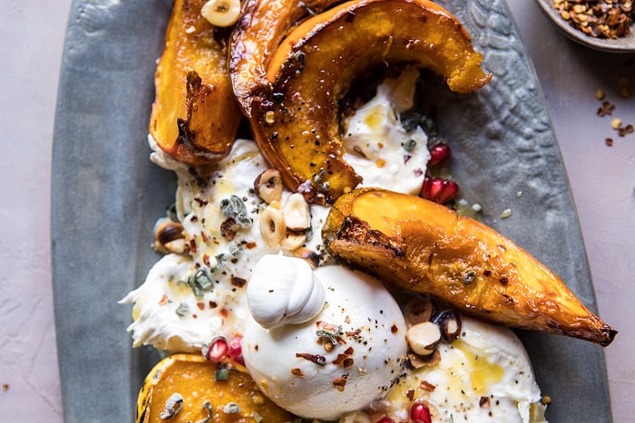 Honey Butter Roasted Acorn with Burrata and Pomegranate | halfbakedharvest.com @hbharvest