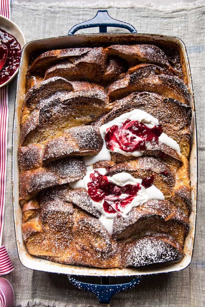 Baked Cinnamon Creme Brulee French Toast with Raspberry Preserves | halfbakedharvest.com @hbharvest