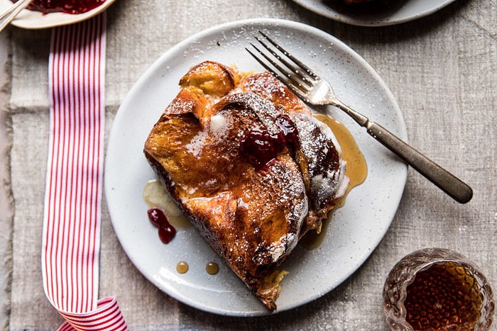 Baked Cinnamon Creme Brulee French Toast with Raspberry Preserves | halfbakedharvest.com @hbharvest