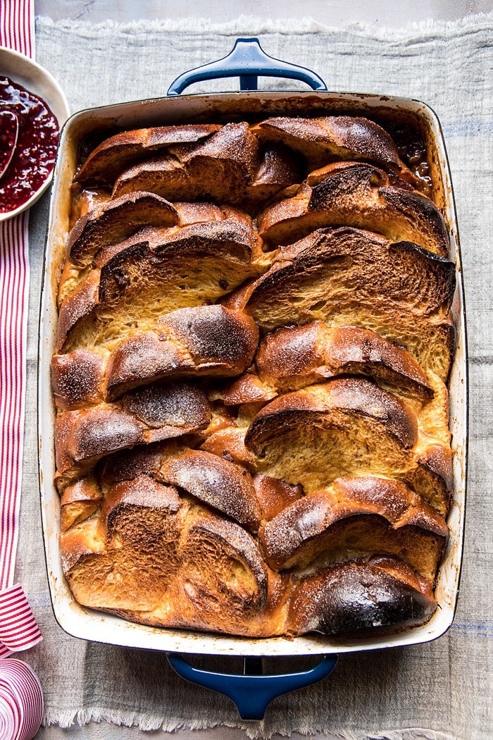 Baked Cinnamon Creme Brulee French Toast with Raspberry Preserves | halfbakedharvest.com @hbharvest