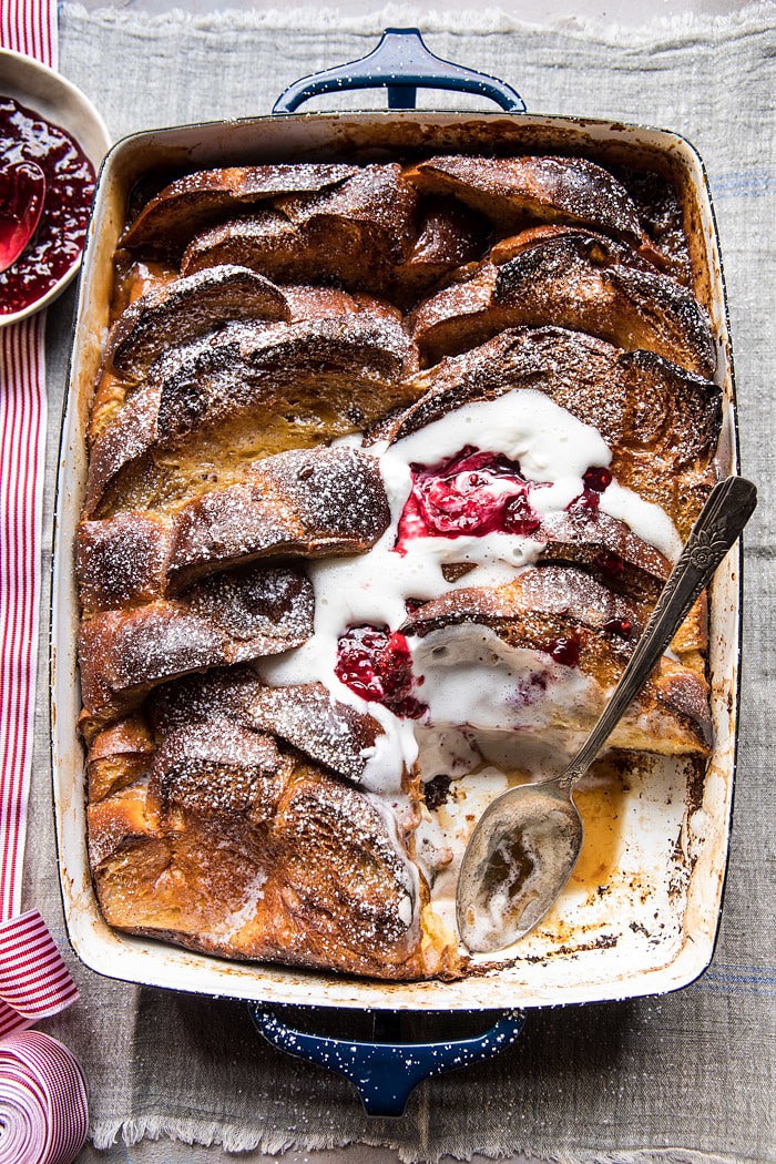 Baked Cinnamon Creme Brulee French Toast with Raspberry Preserves | halfbakedharvest.com @hbharvest