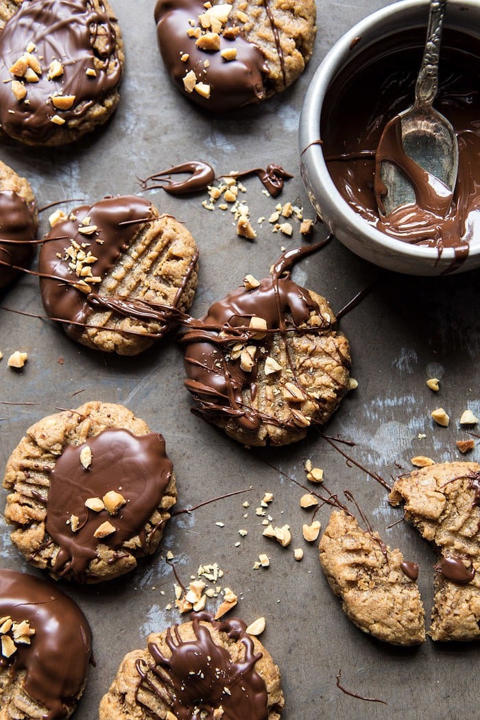 5 Ingredient Chocolate Dipped Peanut Butter Cookies | halfbakedharvest.com #healthy #cookies #dates #glutenfree