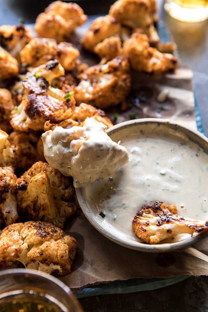 Spicy Cauliflower Cheese Bites with Tahini Ranch | halfbakedharvest.com #cauliflower #healthy #recipe