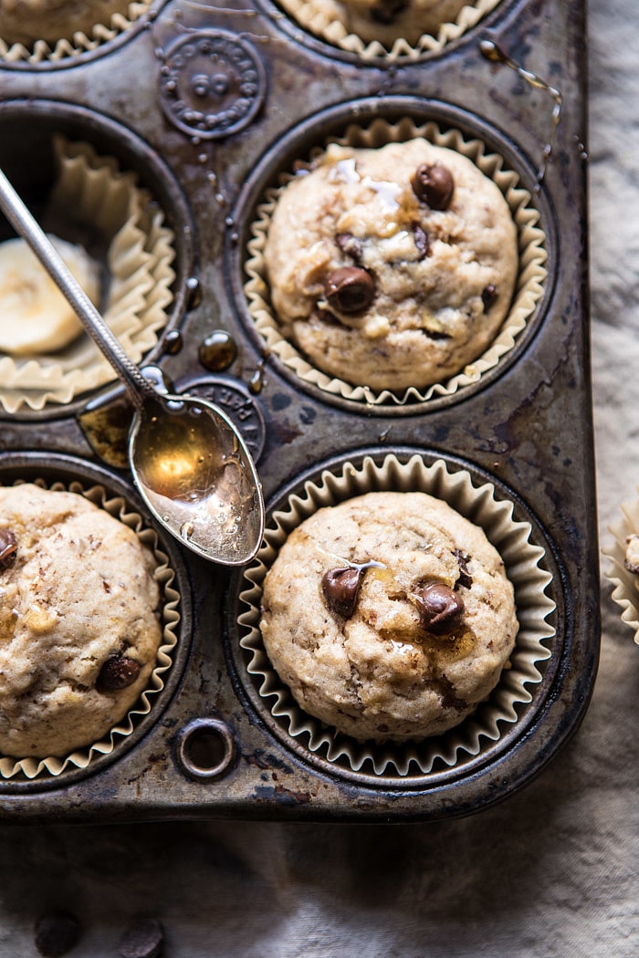 Vegan Whole Wheat Chocolate Chip Banana Bread Muffins | halfbakedharvest.com #vegan #chocolate #muffin #dessert 