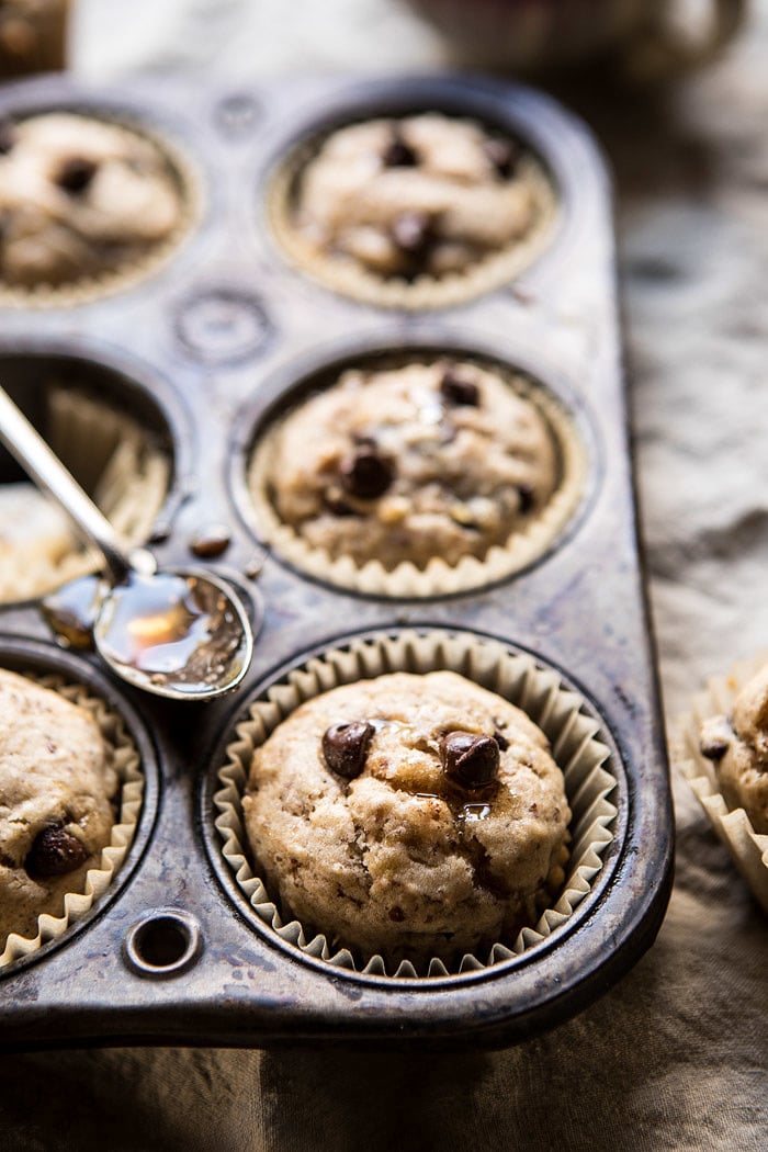 Vegan Whole Wheat Chocolate Chip Banana Bread Muffins | halfbakedharvest.com #vegan #chocolate #muffin #dessert 