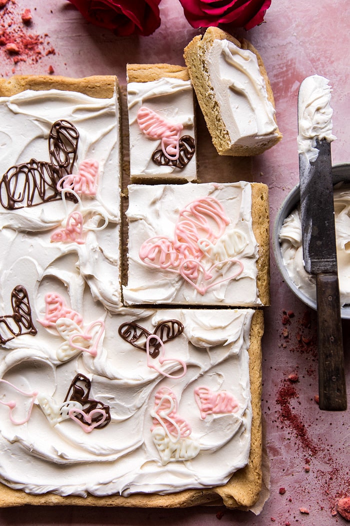 Browned Butter Sugar Cookie Bars with White Chocolate Frosting | halfbakedharvest.com #valentinesday #cookies #recipe #easy
