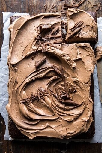 One Bowl Chocolate Sheet Cake with Milk Chocolate Fudge Frosting | halfbakedharvest.com #cake #chocolate #birthday #valentinesday
