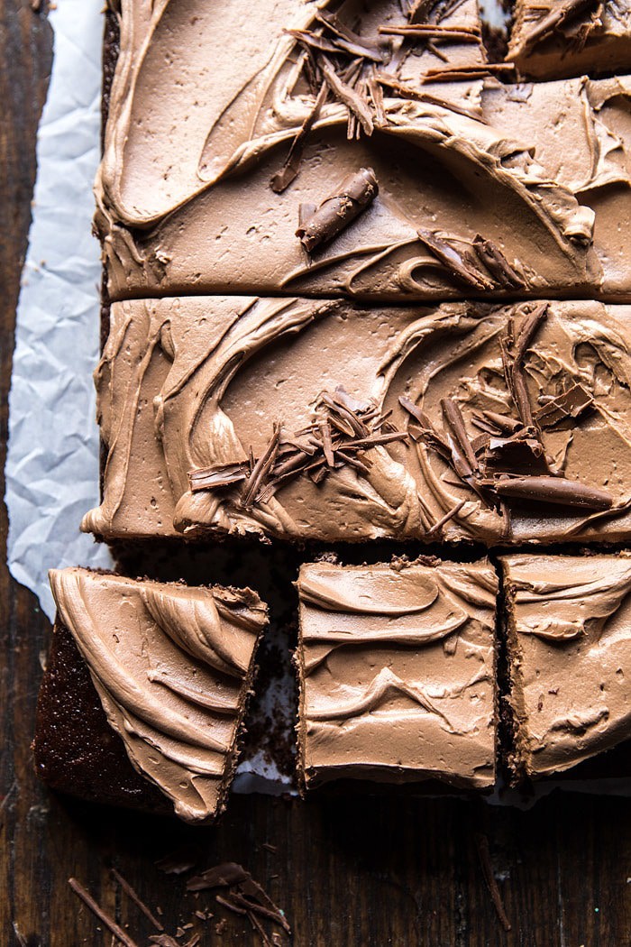 One Bowl Chocolate Sheet Cake with Milk Chocolate Fudge Frosting | halfbakedharvest.com #cake #chocolate #birthday #valentinesday