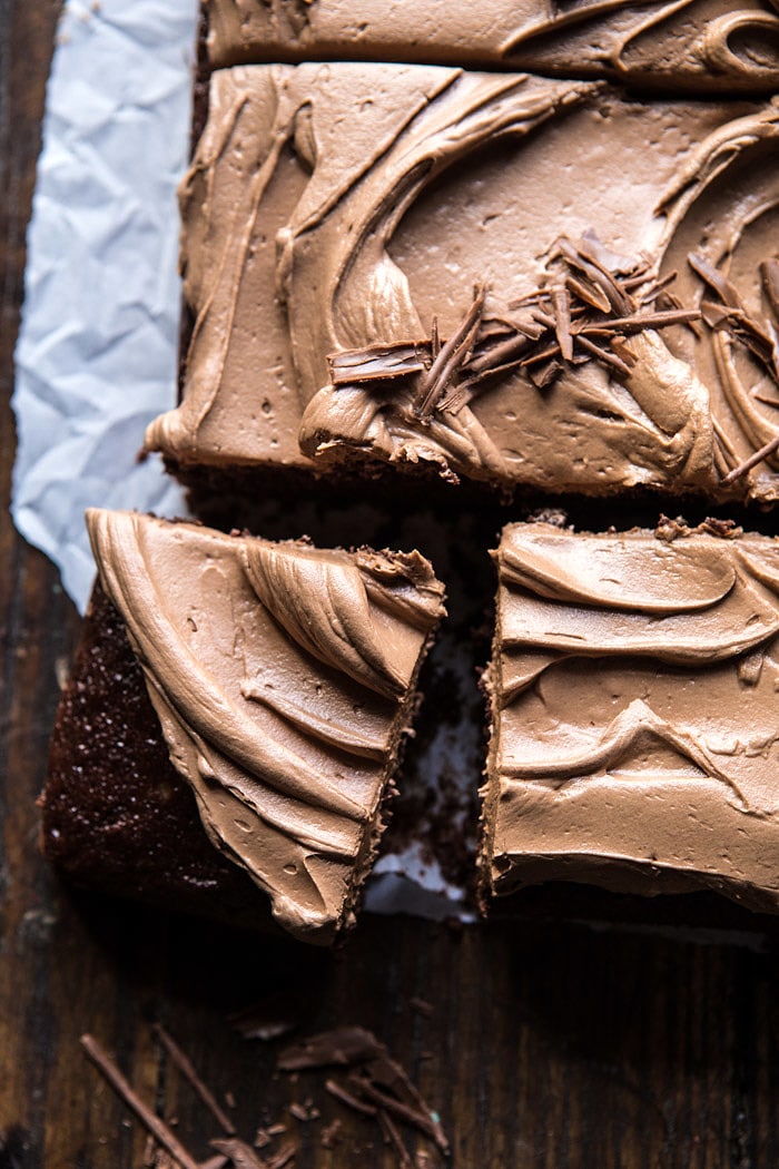 One Bowl Chocolate Sheet Cake with Milk Chocolate Fudge Frosting | halfbakedharvest.com #cake #chocolate #birthday #valentinesday