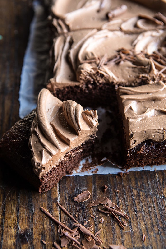 One Bowl Chocolate Sheet Cake with Milk Chocolate Fudge Frosting | halfbakedharvest.com #cake #chocolate #birthday #valentinesday