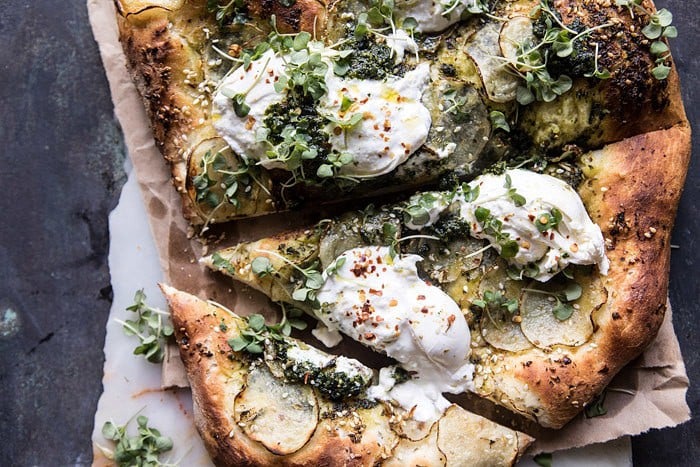 Pesto Potato and Burrata Pizza | halfbakedharvest.com #pizza #easy #recipes #spring