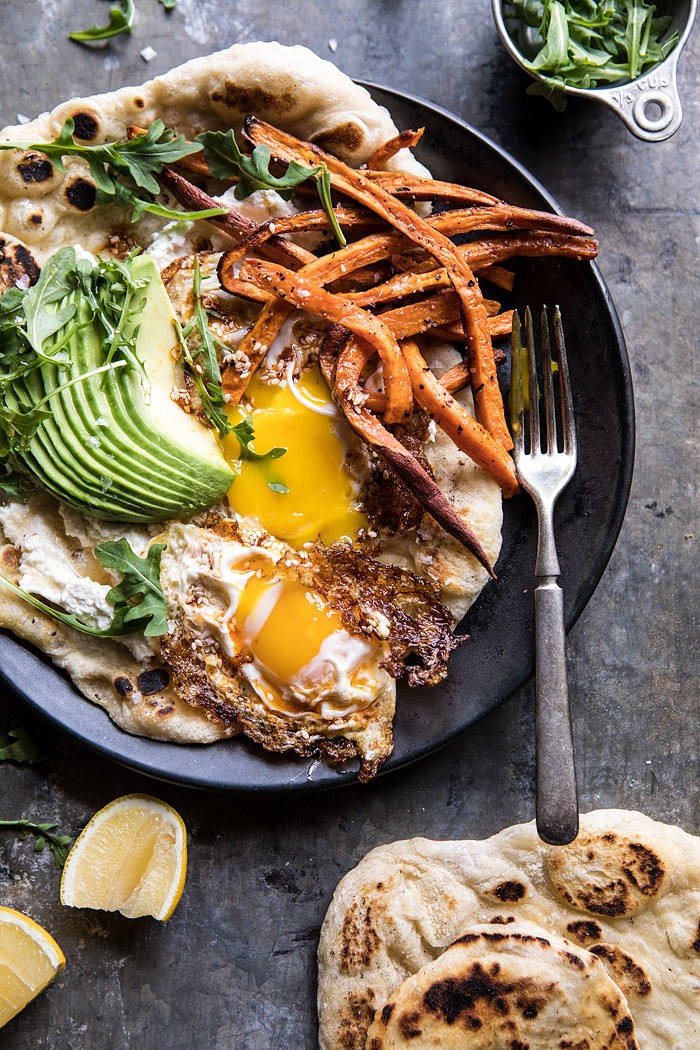 Ricotta Naan with Fried Egg and Sweet Potato Fries | halfbakedharvest.com #brunch #recipes #healthy