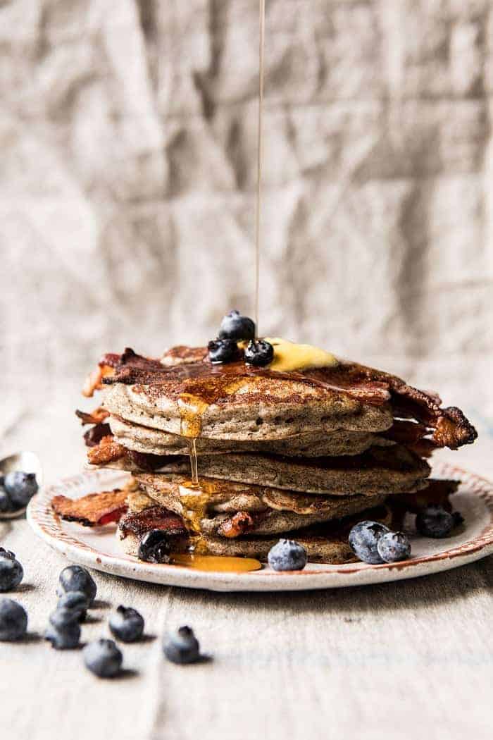 Rye Bacon Pancakes with Blueberries | halfbakedharvest.com #pancakes #brunch #bacon #recipes