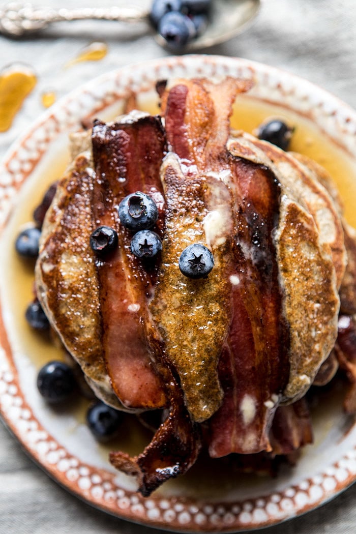 Rye Bacon Pancakes with Blueberries | halfbakedharvest.com #pancakes #brunch #bacon #recipes