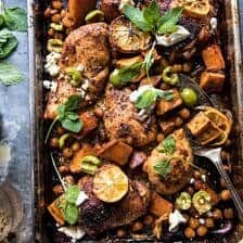 Sheet Pan Harissa Chicken with Chickpeas and Sweet Potatoes | halfbakedharvest.com #sheetpan #easy #dinner #chicken