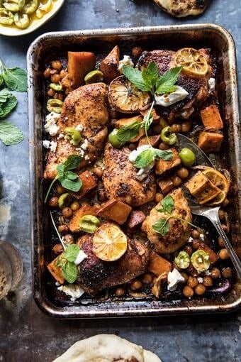 Sheet Pan Harissa Chicken with Chickpeas and Sweet Potatoes | halfbakedharvest.com #sheetpan #easy #dinner #chicken