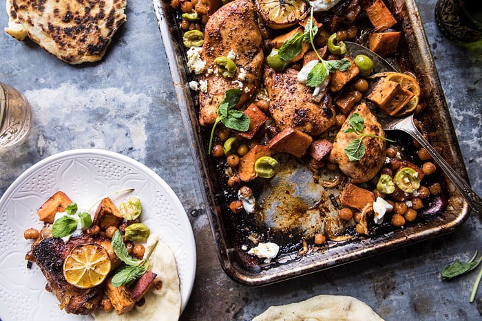 Sheet Pan Harissa Chicken with Chickpeas and Sweet Potatoes | halfbakedharvest.com #sheetpan #easy #dinner #chicken